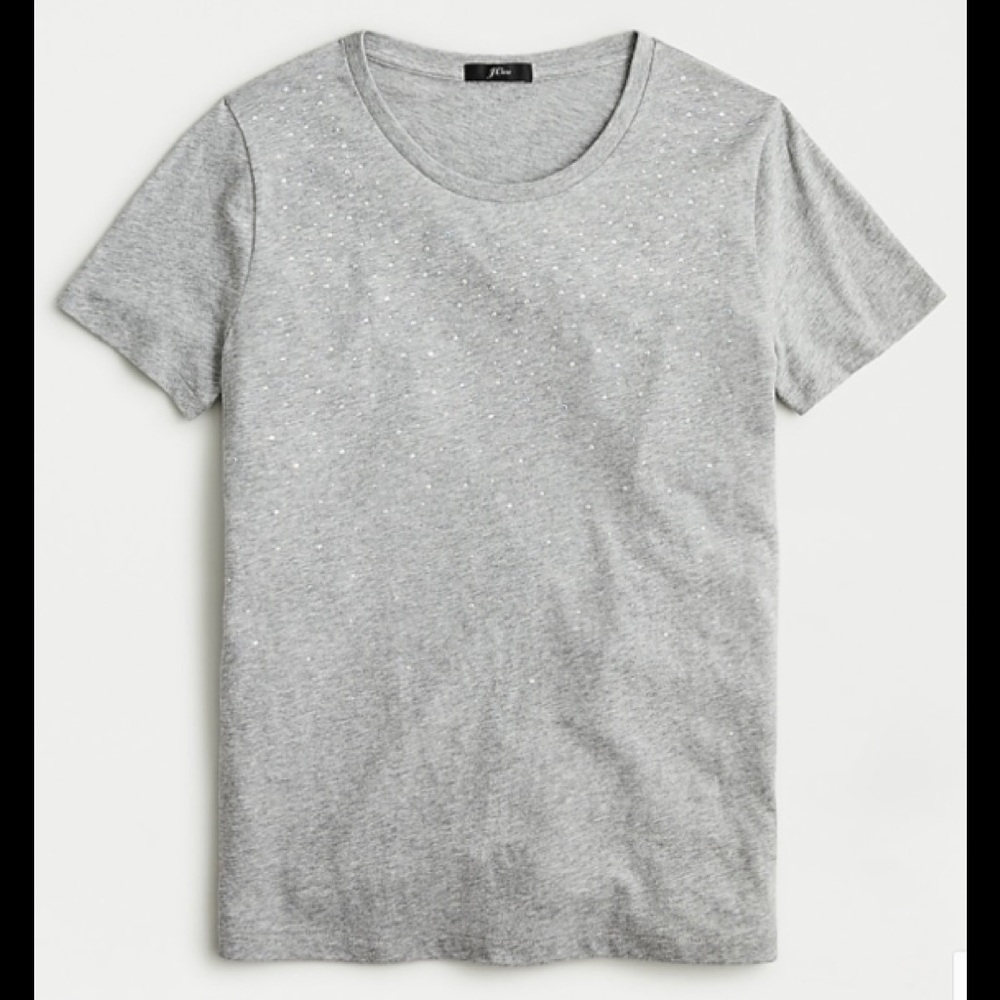 JCrew’s embellished tee, sprinkled with tiny gems on light marled grey, size XS.